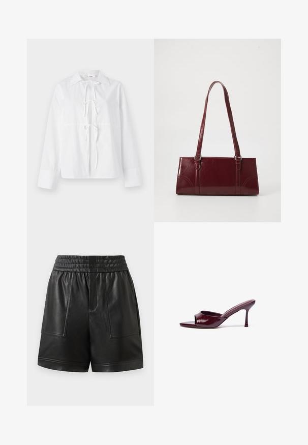 Witte langemouwen shirt van gladde stof met een button-down kraag, een sluiting met een strik aan de voorkant en manchetten. Eenvoudig en strak ontwerp.; Zwarte neplederen shorts met elastische tailleband, voorste drukknoop, grote voorzakken en rechte zoom.; Bordeaux patentleren open teen sleehaksandalen met een gebogen vorm en een dunne stilettohak. Gladde textuur met minimale details.; Bourgondische handtas van glanzend materiaal, rechthoekige vorm, met twee schouderbanden en subtiele gebogen accenten aan de voorkant.