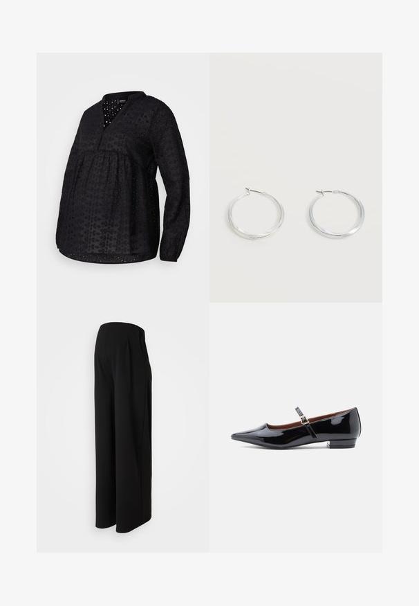 Musthave mustus blouse raseda, pikitav kaelus, pikad varrukad, tekstureeritud kangas väikeste tikand mustritega ning kogutud detailid rinna all.; Vero Moda Maternity Wide-leg Wide Leg Fit - Püksid - black; Must musta läikivast nahast Mary Jane tasase kontsaga king, millel on terav nina ja väike konts, ning pehme reguleeritav rihm kuldse pandlaga.; Hõbedased metallist rõngakujulised kõrvarõngad, millel on sile, kergelt kaarduv pind ja lukustuvad tagused kinnitused, valgel taustal.