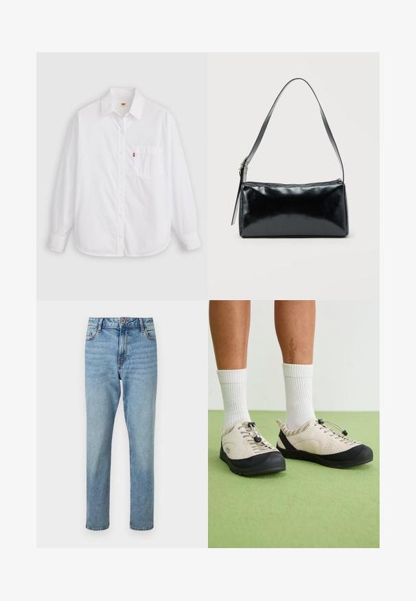 Hvid langærmet skjorte med knapper lavet af bomuld. Har en krave, en brystlomme, afrundet kant og et lille rødt logo ved lommen.; Lyseblå højtaljede jeans med rette ben, forsideknap og lynlåslukning, forlommer og subtile falmede detaljer.; Beige sko med sorte accenter, mesh sidedele og et sikkert snørebånd. Tykk gummisål med mønstret slidbane. Båret med hvide sokker.; Sort rektangulær skuldertaske med en enkelt justerbar rem og lynlås i toppen på en ensfarvet baggrund.