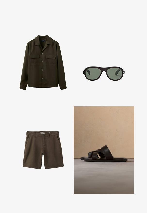 Dunkel olivgrüne Hemdjacke mit Knopfleiste, zwei aufgesetzten Klappentaschen vorne und klassischem Kragen.; Dunkelbraune, legere Shorts mit vorderem Knopf, Reißverschluss, Gürtelschlaufen und seitlichen Taschen, auf weißem Hintergrund dargestellt.; Schwarze Leder-Sandale mit flachem Absatz und drei überkreuzten Riemen, schwebend über einem gewebten Teppich aus Naturfasern.; Schwarze ovale Sonnenbrille mit dunkelgrünen Gläsern und kleinen silbernen sternförmigen Details an den Rahmenkanten.