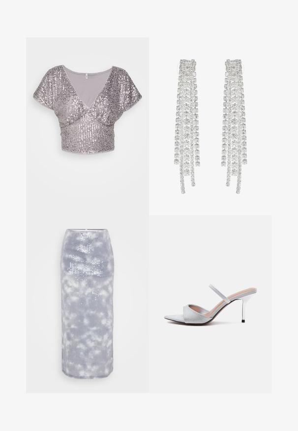ONLY ONLANA SEQUINS SHORT - Bluse - silver; Grå midi-nederdel lavet af ribbet stof med et sky mønster og pailletter. Den har en tætsiddende pasform og en glat kant.; Sølv højhælede mule med spids snude, glitrende bred rem over tæerne og tynd rem over foden på hvid baggrund.; Lange sølvøreringe med en række klare, facetterede krystaller i kaskadeformede strenge med varierende længder og former.