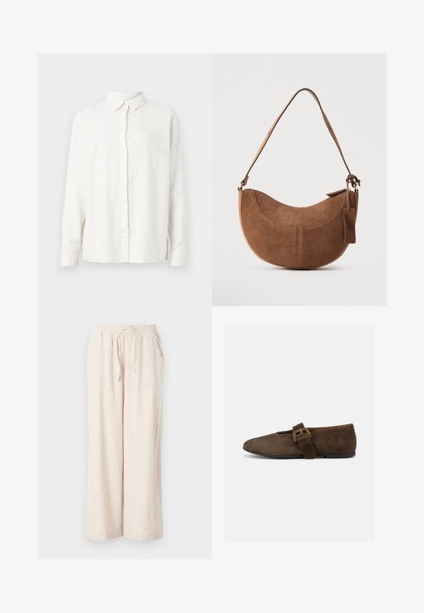 Chemise blanche uni à manches longues avec col classique, présentée sur un fond gris clair.; Pantalons large en lin beige avec une taille élastique et des poches avant. Texture lisse, tissu léger, design longueur cheville.; Chaussure plate en daim marron avec une large bride et une boucle dorée, bout arrondi et semelle noire basse, vue de profil sur fond blanc.; Sac à main en daim marron de forme courbée en demi-lune. Il est doté d'une bandoulière, d'une petite étiquette et de coutures visibles le long des bords.