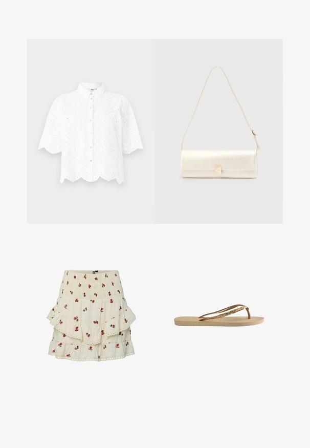 Chemise blanche à manches courtes avec un col, présentant des découpes ornées et un ourlet festonné. Fermeture à boutons à l'avant.; Jupe blanche à volants avec une taille smockée et des motifs de cerises rouges. Le tissu présente un design texturé à pois et des accents de dentelle.; Tongs avec une semelle texturée beige, de fines brides brunes et des accents en paillettes dorées. Design léger adapté à une utilisation décontractée.; Petit sac à main rectangulaire en cuir crème avec bandoulière réglable et fermoir triangulaire doré au centre avant.