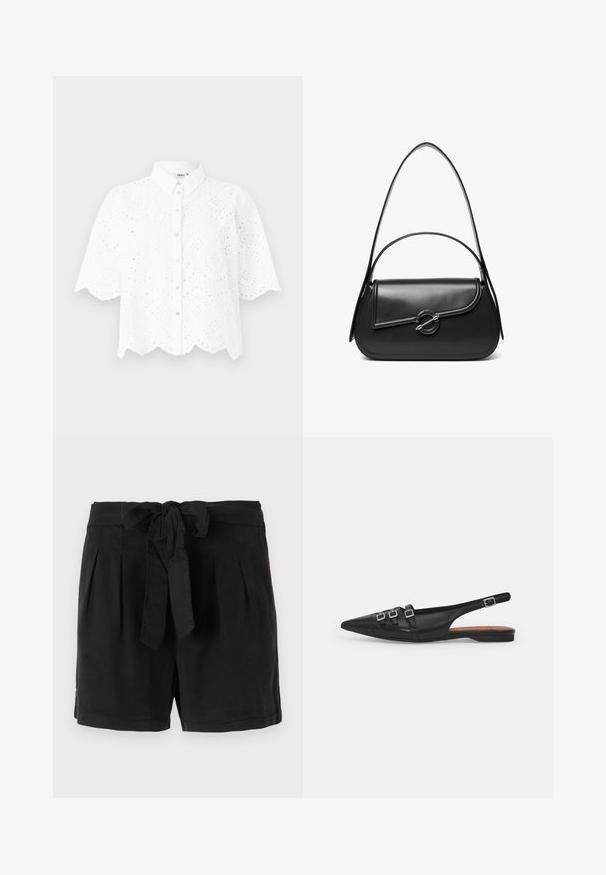 Camisa blanca de manga corta con cuello, que presenta intrincados diseños de cortes y un dobladillo en forma de ola. Cierre con botones en la parte delantera.; Pantalones cortos de algodón negros con un cinturón de lazo en la cintura, pliegues en la parte delantera y bolsillos laterales. Textura suave y diseño casual.; Zapato plano slingback de cuero negro con puntera puntiaguda, que presenta dos correas horizontales y hebillas plateadas cuadradas, tacón bajo y textura suave.; Bolso de hombro de cuero negro con una solapa curva asegurada por un broche metálico redondo y una correa delgada y ajustable.