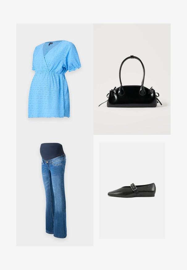 Lyseblå bluse med korte ærmer og V-hals, lavet i øjenlågstof med små udskårne mønstre og elastisk talje.; Graviditetsjeans lavet af blå denim, med en mørkeblå strækpanel i taljen, udfoldede ben og klassisk fem-lomme design.; Sorte læder flade sko med spidse tæer, prydet med en metallisk spænde over vristen og en lav, fleksibel sål.; Lille sort blank håndtaske med to lange håndtag og snøre-detaljer i siden på en ensfarvet lys baggrund.