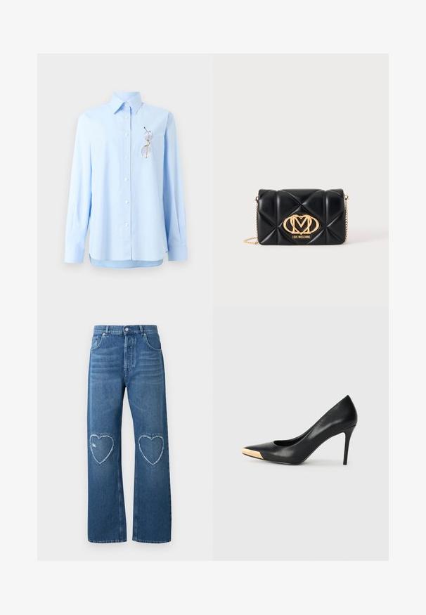 Chemise bleu clair à manches longues avec col et poche contenant une paire de lunettes à monture dorée, présentée sur un fond blanc.; Jean en denim bleu à jambes larges, taille haute, avec des patchs en forme de cœur effilochés sur les deux genoux, bouton et poches à l'avant.; Pompe à talon haut en cuir noir avec bout pointu ; présente une accentuation métallique dorée sur le capuchon. Surface lisse avec un design épuré.; Sac à main en cuir noir matelassé avec bandoulière chaîne dorée et grand logo doré Love Moschino sur le devant.