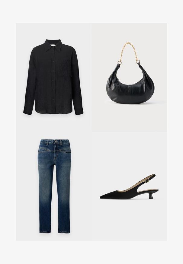 Schwarze Hemd mit Knopfleiste, strukturiertem Muster, spitzem Kragen, langen Ärmeln und einer Brusttasche. Hergestellt aus leichtem Material.; Dunkelblaue Jeans mit geradem Schnitt, mit leichter Ausbleichung, orangefarbener Naht und einem Knopfverschluss an der Taille.; Schwarzer Slingback-Schuh mit spitzer Kappe, niedrigem Kitten-Heel und goldener Schnallenriemen, im Profil auf hellem, einfarbigem Hintergrund gezeigt.; Schwarze, halbmondförmige Handtasche aus Leder mit goldenem Kettenriemen und seitlichem Reißverschluss.