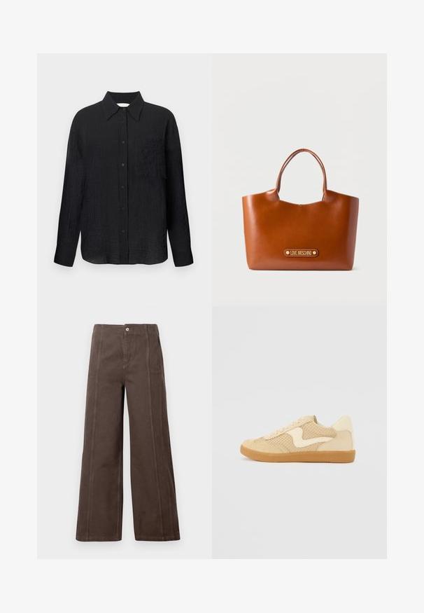 Schwarze Hemd mit Knopfleiste, strukturiertem Muster, spitzem Kragen, langen Ärmeln und einer Brusttasche. Hergestellt aus leichtem Material.; Braune weit geschnittene Hose aus glattem Stoff, mit Vorderteilnähten und einem einzelnen Metallknopfverschluss am Bund.; Beige Sneaker aus Wildleder und Mesh-Materialien, runde Form, auffälliger gepolsterter Kragen und eine Sohle aus Gummi. Verfügt über ein wellenförmiges Design-Highlight.; Braune Leder-Shopper-Tasche mit doppelten Griffen und goldener "Love Moschino" Logo-Plakette in der Mitte vorne.