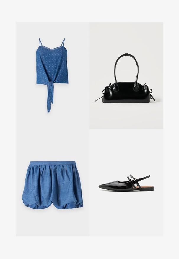 Blauwe denim top met verstelbare spaghettibandjes, textuurstof, een V-halslijn en een gestrikt voorpaneel. Heeft een subtiel gestippeld patroon.; Blauwe, lichtgewicht shorts met een geplooide elastische tailleband en een luchtig, gestructureerd ontwerp. Kenmerkt zich door een zachte stofafwerking met een relaxed fit.; Zwarte gepatineerde leren slingback schoenen hebben een spitse neus, twee banden met gespsieraden en een platte zool.; Kleine zwarte glanzende handtas met twee lange hengsels en zijkant trekkoord details op een effen lichte achtergrond.
