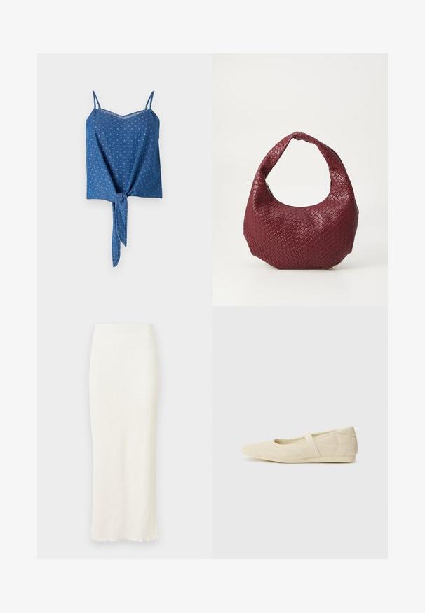 Top de denim azul con tirantes de espagueti ajustables, tejido texturizado, escote en V y detalle de nudo en la parte delantera. Presenta un sutil patrón de puntos.; Falda midi blanca y elegante hecha de un tejido texturizado, que presenta una forma ajustada y un dobladillo sutilmente ondulado para un detalle adicional.; Bailarinas beige con un exterior de cuero liso, punta en forma de almendra y una correa elástica en el empeine, con detalles de costura sutiles.; Bolso de mano burdeos tejido con una silueta redondeada, un solo asa y un acabado texturizado. Cierre con cremallera en la parte superior.