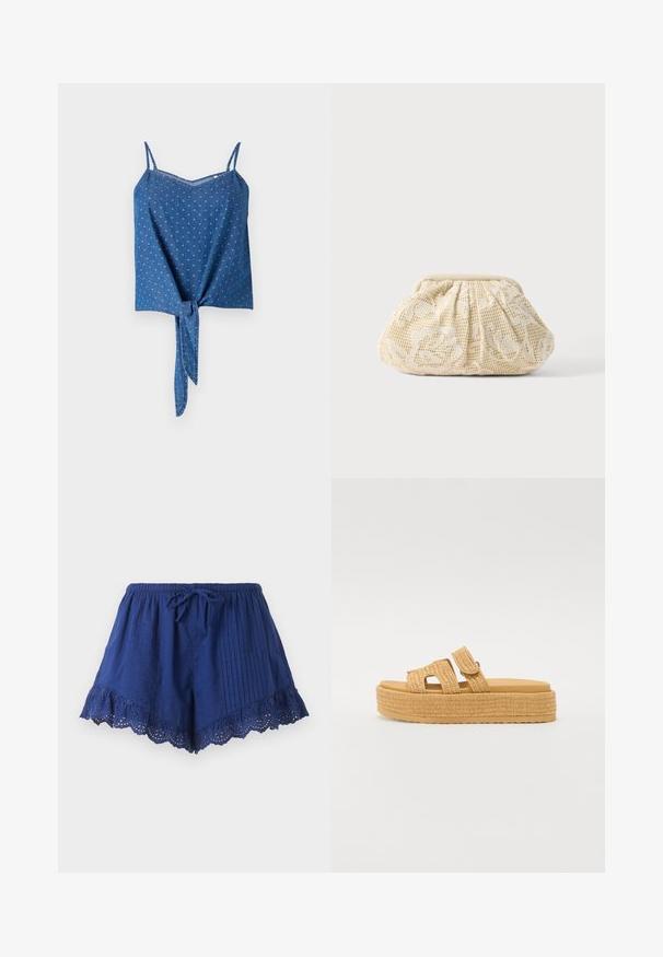 Blauwe denim top met verstelbare spaghettibandjes, textuurstof, een V-halslijn en een gestrikt voorpaneel. Heeft een subtiel gestippeld patroon.; Marineblauwe damesshort met elastische tailleband, voorstrik, verticale plooitjes en gegolfde kanten afwerking met bloemmotieven aan de zoom.; Steve Madden BIGMISSILE - Pantoffels - beige; Crèmegekleurde stoffen clutch met bloemrijke kant overlay en geplooide bovenzijde sluiting tegen een effen lichte achtergrond.