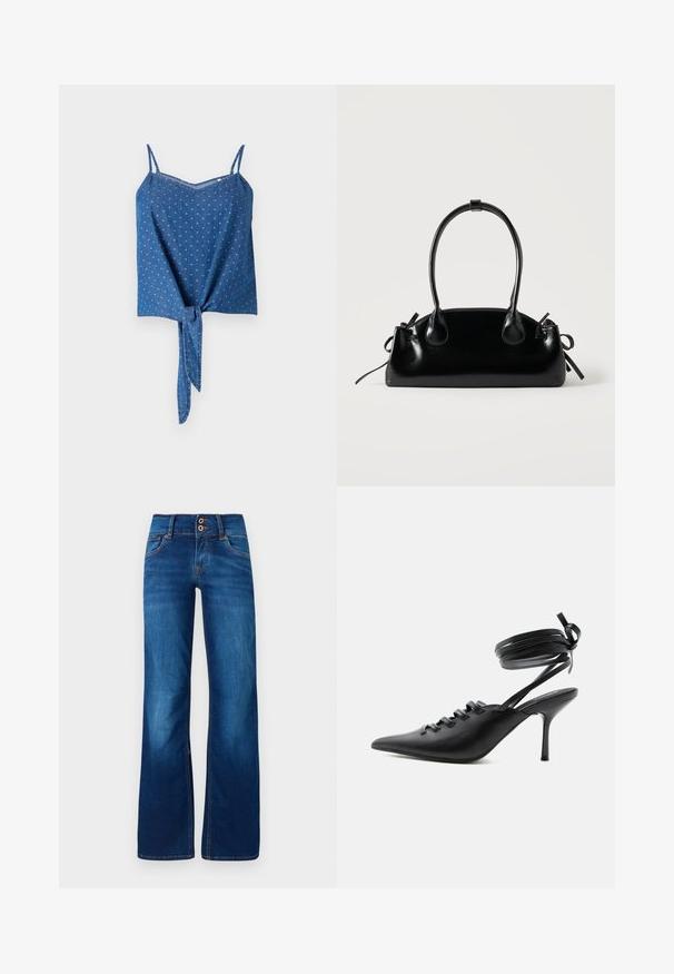 Blå denimtop med justerbare spaghettistropper, tekstureret stof, V-udskæring og en bundet detalje foran. Har et subtilt prikket mønster.; Bredde ben blå jeans lavet af denim, med to forreste knapper, orange syninger og en glat tekstur. Klassisk fem-lomme design.; Sort spids sko med høje hæle, snørelukning foran og omlægning omkring anklerne bundet med sløjfe, vist fra siden på hvid baggrund.; Lille sort blank håndtaske med to lange håndtag og snøre-detaljer i siden på en ensfarvet lys baggrund.