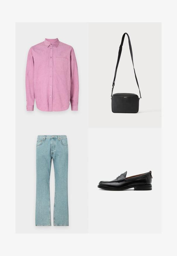 Roze ribfluwelen shirt met een button-down kraag, lange mouwen en een enkele borstzak. Heeft verticale ribbels en een knoopsluiting aan de voorkant.; Lichtblauwe denim jeans met een recht model, voorzien van vijf zakken en een knoopsluiting. Zichtbare stiksels en rafelige zoomdetails.; Zwarte leren herensloffen met moc toe stiksel, pennyriem, gestructureerde kraag en lage gestapelde hak op witte achtergrond.; Zwarte rechthoekige crossbodytas met verstelbare band en BOSS-logo aan de voorkant, tegen een effen lichte achtergrond.