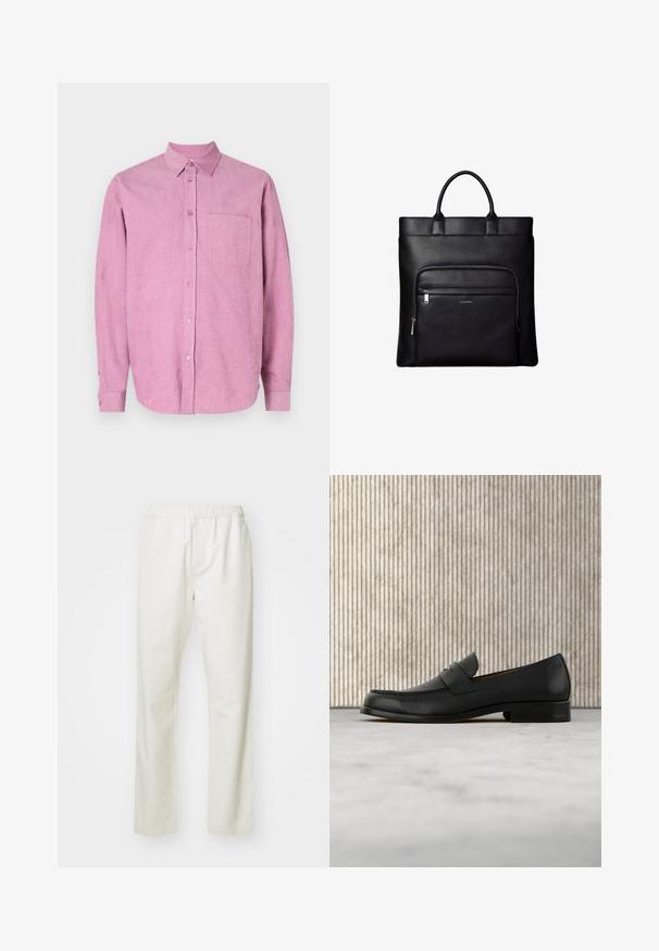 Chemise en velours côtelé rose avec un col boutonné, des manches longues et une poche sur la poitrine. Présente des côtes verticales et une fermeture à boutons sur le devant.; Pantalons en coton blancs avec une taille élastique et une conception à jambe droite, présentant une texture lisse et sans motifs ni accents visibles.; Mocassin en cuir noir flottant au-dessus d'un tapis beige avec une table ronde brune brillante en arrière-plan.; Sac cabas en cuir noir avec anses supérieures et poche avant zippée portant un petit logo Calvin Klein sur la poche.