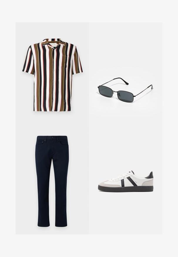 Chemise à manches courtes en coton avec des rayures verticales : noir, blanc, vert olive et rouge. Comprend une poche plaquée et un col pointu.; Pantalon en denim bleu marine avec une coupe slim, présentant un design classique à cinq poches et des accents de couture subtils. Texture lisse et sans ornements.; Baskets blanches avec des accents noirs et gris, présentant un embout texturé gris, une semelle en caoutchouc noir et des lacets plats blancs. Design épuré, style minimaliste.; Lunettes de soleil rectangulaires noires avec une fine monture en métal et des verres foncés reposant sur une surface blanche.