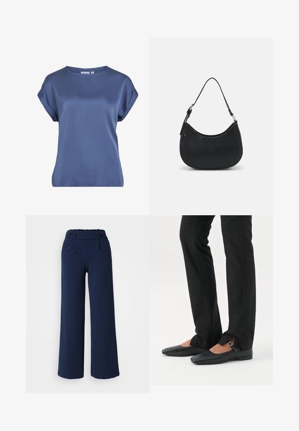 Korte mouwen top van zachte, gladde blauwe stof. Boxy vorm met een ronde hals en opgerolde mouwen. Eenvoudig ontwerp zonder patronen of accenten.; Navy wijde pijpenbroeken van zachte stof; met platte voorkant, twee zijzakken en dubbele knoopsluiting in de taille.; Benen met zwarte smalle broek met voorsplitten aan de zoom, gecombineerd met zwarte platte Mary Jane-schoenen met een klein gespje.; Zwarte hobo tas van soepel leer met een gebogen silhouet, voorzien van een enkele verstelbare schouderriem en minimalistische ontwerpdetails.