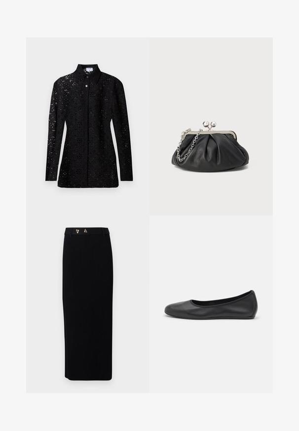 Blouse noire en dentelle à manches longues avec motif floral découpé, boutonnée sur le devant, avec col pointu, présentée sur fond uni.; AERON FORUM - Jupe crayon - black; Ballerines en cuir noir avec un bout rond, texture lisse, détails de couture minimalistes et design de semelle flexible.; Porte-monnaie en cuir noir avec texture froncée, cadre en métal argenté, fermeture à verrouillage kiss-lock et bandoulière en chaîne. Surface lisse et douce.