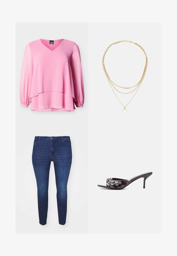 Hellrosa langärmlige Bluse mit V-Ausschnitt und mehrlagigem Saum, mit gerafften Bündchen an den Ärmeln vor einfarbigem Hintergrund.; Dunkelblaue Slim-Fit-Jeans aus Denim mit einem Frontknopf und Taschen, von der Front gegen einen weißen Hintergrund gezeigt.; Dunkellila offene Mule mit mittelhohem Stilettoabsatz und runden Paillettenverzierungen am oberen Riemen.; Goldfarbene, geschichtete Halskette mit mehreren Ketten unterschiedlicher Dicke, darunter eine mit einem kleinen ovalen Anhänger. Enthält sowohl glatte als auch strukturierte Elemente.
