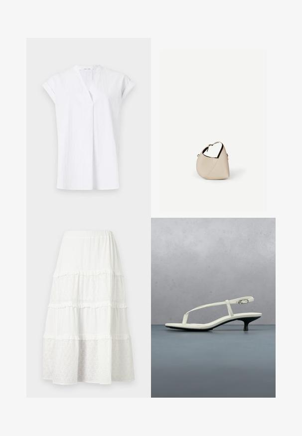 Haut blanc à manches courtes avec un décolleté en V, featuring pleats à l'avant et un tissu léger et texturé. Style minimaliste et contemporain.; Jupe midi blanche à volants avec panneaux alternés unis et en dentelle à œillets, avec un léger volant aux coutures.; Sandale blanche à talon kitten avec des lanières et un bout pointu, flottant au-dessus d'un sol en carrelage en bois en plein air avec un arrière-plan flou de plante et de mur.; Sac à main en cuir beige en forme de croissant avec une seule bandoulière et des coutures minimalistes, posé sur un fond blanc uni.