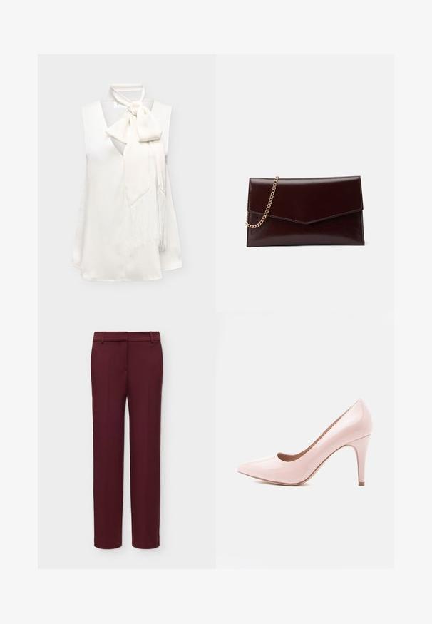 Blouse blanche en satin sans manches avec un profond décolleté en V et un grand nœud de cravate orné de longues franges sur un côté.; Pantalon bordeaux à jambes droites avec passants de ceinture et devant plat, présenté sur un fond blanc uni.; Chaussure à talon haut en cuir verni rose, à bout pointu et talon fin. Texture lisse avec une finition brillante. Aucun accent ou motif visible.; Sac à main en cuir de couleur bordeaux foncé avec un design en forme d'enveloppe. Il dispose d'une anse en chaîne dorée, d'une texture lisse et d'une fermeture en pointe.