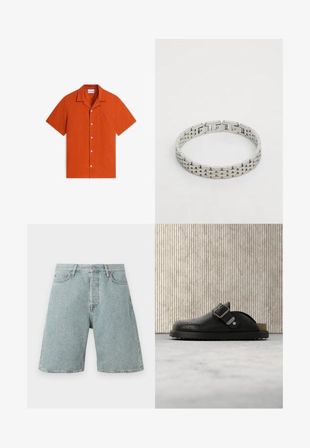 Chemise à manches courtes boutonnée en orange brûlé uni avec un petit logo brodé sur la poitrine gauche et un col camp.; Shorts en denim bleu clair avec une coupe décontractée, cinq poches et une fermeture à bouton. Texture déchirée avec des détails de couture visibles.; Sabot noir en cuir sans lacets avec boucle et motif perforé, posé sur un tapis clair près d'une table translucide marron.; Bracelet en métal au design épuré, composé de maillons ovales en argent poli. Texture lisse avec un look moderne et minimaliste.