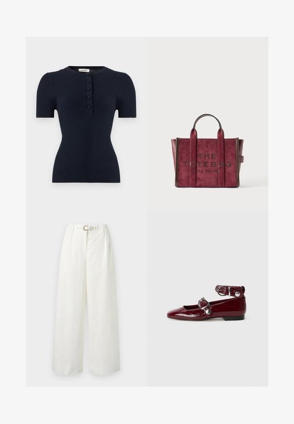 Haut en maille côtelée bleu marine à manches courtes avec un col rond et une patte de boutonnage devant dotée de quatre boutons recouverts de tissu.; Pantalon blanc à jambes larges avec une taille haute, doté d'une ceinture assortie avec une boucle dorée et des passants de ceinture.; Ballerines en cuir verni bordeaux avec un bout pointu, une bride de cheville avec une boucle en argent et un petit talon. Texture lisse sur l'ensemble.; Sac fourre-tout en daim bordeaux profond avec garniture en cuir marron, doubles anses supérieures et inscription "LE SAC FOURRE-TOUT MARC JACOBS" à l'avant.