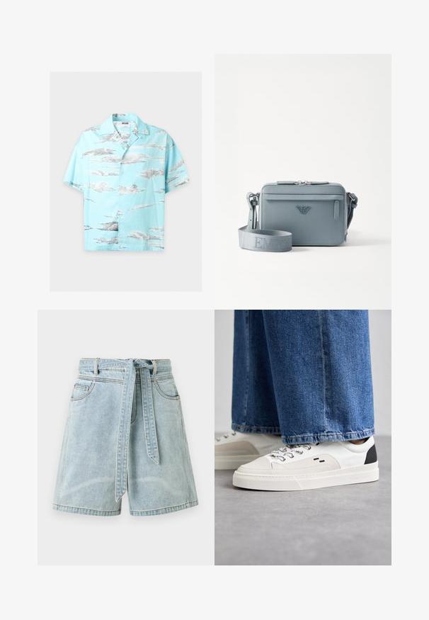 Chemise bleu clair à manches courtes avec boutons, motif de nuages gris et col pointu, étalée à plat sur un fond uni.; Short en jean bleu clair avec des poches devant et une ceinture en tissu assortie nouée à la taille.; Baskets blanches et noires avec une tige en cuir lisse, des accents texturés et une semelle épaisse blanche. Présentent un design classique à lacets.; Sac à bandoulière structuré bleu en matériau texturé, avec une fermeture éclair, une poche avant et une sangle réglable arborant le logo "EMPOR".