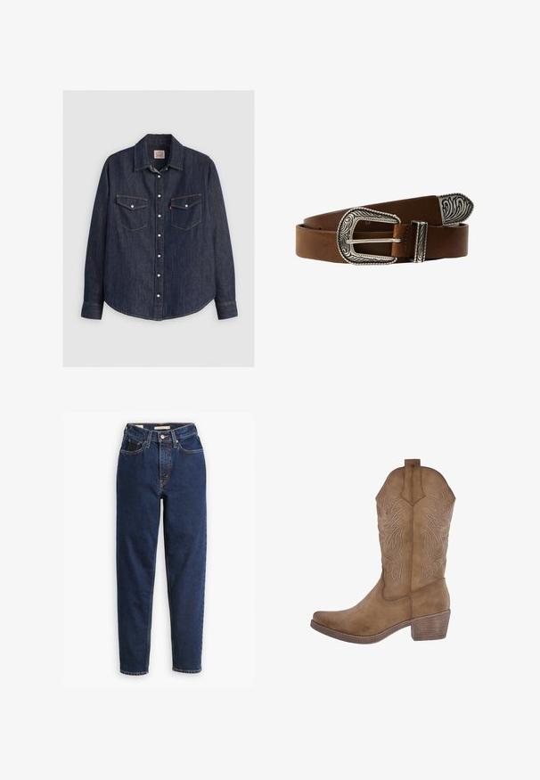 Mørkeblå denimskjorte med lange ærmer, knaplukning fortil, to brystlommer med klapper og kontrasterende gule sømme.; Mørkeblå denimjeans med høj talje, femlommedesign og lige ben. Kontrastsyninger og knaplukning.; Brune cowboystøvler med spids tå, dekorativ syning og hævede bladmønstre. Har en mellemhøj blokhælkonstruktion og en glat tekstur.; Brun læderbælte med en udsmykket sølvspænde, der har indgraverede mønstre. Læderet har en glat tekstur med en poleret finish.