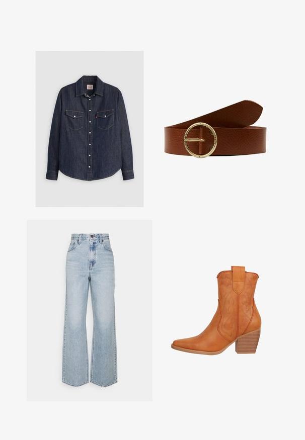 Mørkeblå denimskjorte med lange ærmer, knaplukning fortil, to brystlommer med klapper og kontrasterende gule sømme.; Lysblå denim brede ben jeans med høj talje, klassisk fem-lomme design og kontrasterende syninger. Uslebne kanter i bunden.; Salinyang SALINYANG - Cowboy- / bikerstøvlette - braun; Brun læderbælte med en struktureret overflade, prydet med en cirkulær spænde i guldtonet metal, der er indgraveret med "T.W. ST. BROS & CO S.F. CAL."