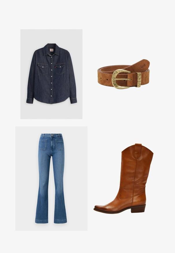 Donkerblauwe denim overhemd met lange mouwen, kraag met knopen aan de voorkant, twee borstzakken met kleppen en contrasterende gele stiksels.; Gelaste blauwe spijkerbroeken van denim met een middellange taille, voorzien van twee achterzakken en een schone zoom. Soepele textuur en klassiek ontwerp.; Bruine leren cowboylaars met een spitse neus, decoratieve stitching op de bovenkant en een lage gestapelde hak. Heeft een trek-lipje aan de bovenkant.; Bruine suède riem met gesmede gouden gesp, vijf verstelgaatjes en "Lee" geperst op het uiteinde van de riem.