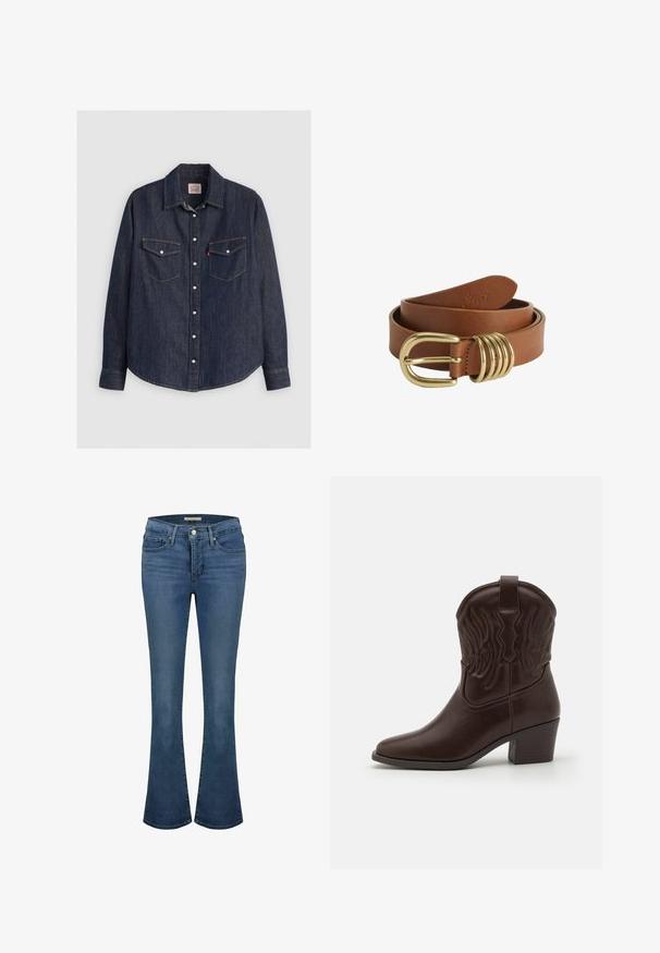 Mørkeblå denimskjorte med lange ærmer, knaplukning fortil, to brystlommer med klapper og kontrasterende gule sømme.; Blå denim flare jeans med en mid-rise talje, har stikninger, to frontlommer og en baglomme.; Brune læder cowboystøvler med spidse tæer, præget vinge mønster, en midhøj blokhæl og en pull-tab bagpå.; Brunt læderbælte, der er snoet med en skinnende guldlås og fire guld-ringe nær låsen.