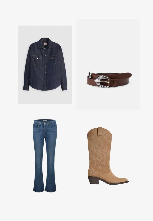Chemise en denim bleu foncé à manches longues, avec un devant à boutons, deux poches poitrine avec rabats et des coutures jaunes contrastantes.; Jean flare en denim bleu avec une taille mi-haute, présentant des surpiqûres décoratives, deux poches avant et une poche arrière en patch.; Botte de cowboy en suède tan avec broderies décoratives, talon empilé de hauteur moyenne et tirant sur la tige.; Ceinture en cuir marron avec une large boucle en argent texturée. La ceinture a une finition lisse et comporte plusieurs trous de réglage.