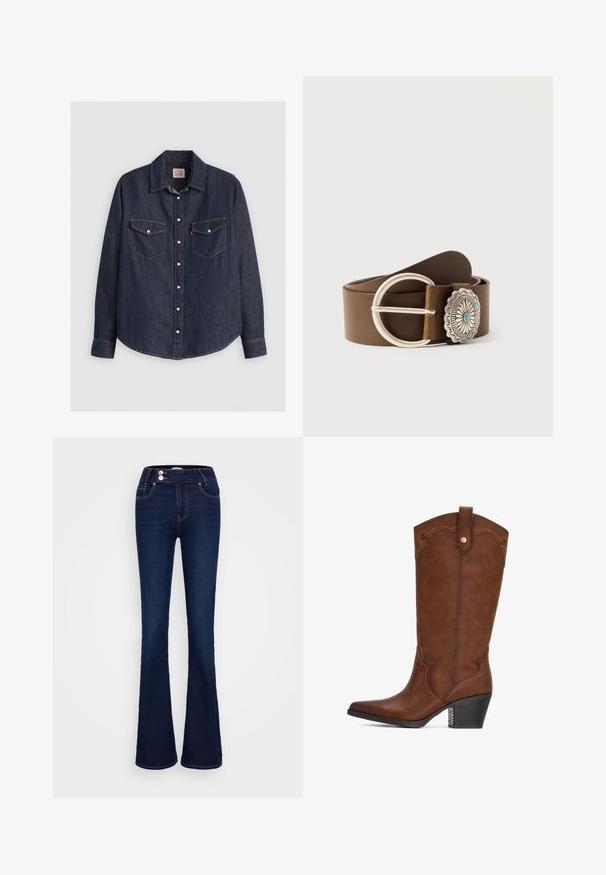 Mørkeblå denimskjorte med lange ærmer, knaplukning fortil, to brystlommer med klapper og kontrasterende gule sømme.; Mørkeblå jeans med vidde, lavet af denim, med høj talje, to forlommer og lynlås- og knaplukning med kontrastsyning.; Brune læder cowboystøvle med spids tå, dekorativ syning og blokhæl. Har en buet top med en løbende strop for nem påføring.; Brunt læderbælte med stor rund sølvspænde og udsmykket sølv concho med blomstermotiv og turkis midte, rullet sammen på ensfarvet baggrund.