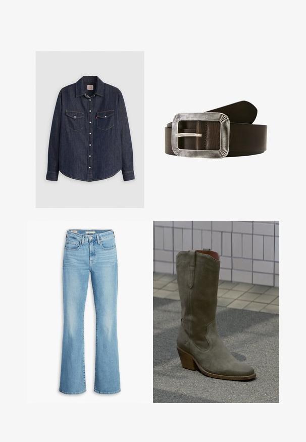 Dunkelblaues Denim-Hemd mit langen Ärmeln, knöpfbarem Frontverschluss, zwei Brusttaschen mit Klappen und kontrastierendem gelben Stich.; Hellblaue Jeans aus Denim mit ausgestelltem Bein, hoher Taille, fünf Taschen, dezenten Falteneffekten und klassischem abgestepptem Saum. Glatte Textur, lässiges Design.; Einzelner Wildleder-Cowboystiefel bis zur Mitte der Wade in Olivgrün mit einem hölzernen gestapelten Absatz, auf gepflastertem Boden nahe einer gefliesten Wand platziert.; Brauner Leder Gürtel mit einer rechteckigen silberfarbenen Schnalle, die eine strukturierte Kante und einen einzelnen Riegel zum Verschließen aufweist.