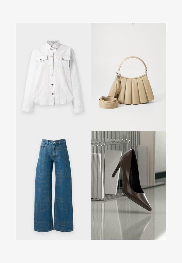 Camisa blanca de manga larga, con cuello, dos bolsillos en el pecho, costuras naranjas y botones plateados. Diseño limpio con un ajuste a medida.; Vaqueros de pierna ancha en denim azul medio con patrones de costura en contraste y múltiples diseños de bolsillos. Cintura alta con cierre de botón.; Zapato de cuero marrón oscuro con tacón alto flotando sobre un suelo reflectante junto a un estante metálico con paneles blancos en una habitación.; Lacoste LENGLEN BAG - Bolso de mano - viennois