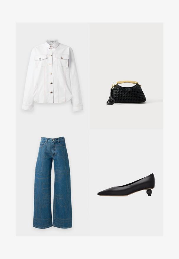 Camisa blanca de manga larga, con cuello, dos bolsillos en el pecho, costuras naranjas y botones plateados. Diseño limpio con un ajuste a medida.; Vaqueros de pierna ancha en denim azul medio con patrones de costura en contraste y múltiples diseños de bolsillos. Cintura alta con cierre de botón.; Zapato negro de tacón bajo con punta puntiaguda, tacón redondo esculpido único y parte superior de cuero liso, mostrado de lado sobre un fondo blanco.; Bolso de mano tejido negro con forma curva, asa superior de metal dorado y correa de hombro negra desmontable sobre un fondo blanco.