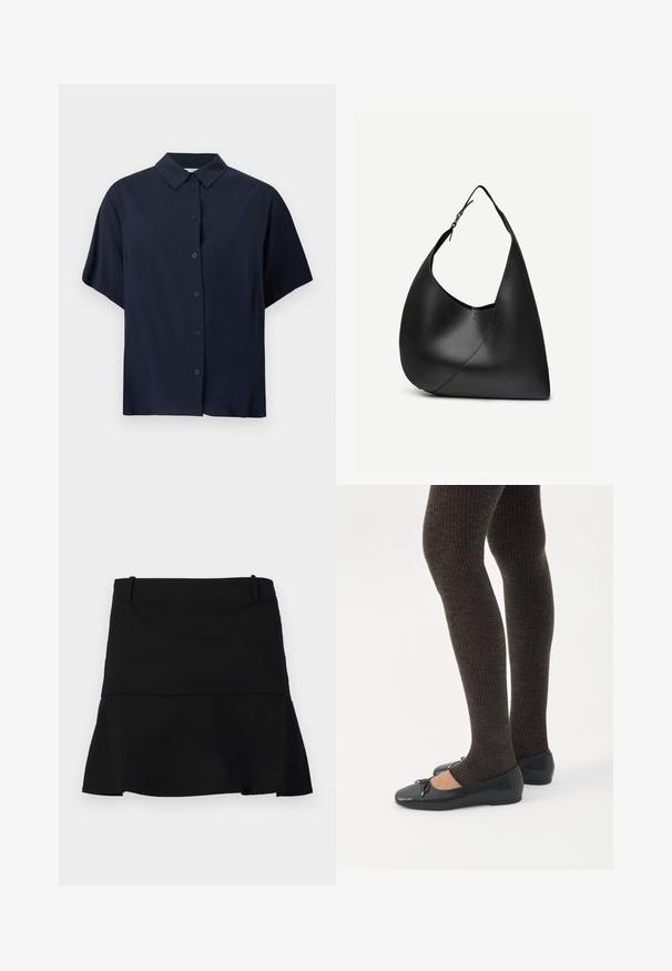 Chemise bleu marine à manches courtes avec col classique, présentée sur fond blanc.; Jupe noire courte avec un léger évasement à l'ourlet et des passants de ceinture à la taille sur un fond blanc.; Jambes portant des leggings côtelés foncés associés à des ballerines noires avec de petits détails en nœud sur fond blanc.; Sac à épaule en cuir noir avec forme triangulaire incurvée, une seule sangle ajustable, et une couture diagonale visible à l'avant.