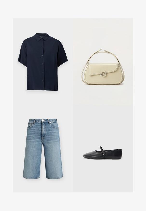 Chemise bleu marine à manches courtes avec col classique, présentée sur fond blanc.; Shorts en denim bleu clair longueur genou avec fermeture avant à bouton et zip, passants de ceinture et poches avant, présentés sur un fond uni.; Ballerines noires en cuir avec un bout pointu, une semelle plate et une petite sangle avec un détail de boucle en argent.; Sac à main en cuir crème avec rabat incurvé, fermoir circulaire en argent et poignée courte sur le dessus, sur fond blanc uni.