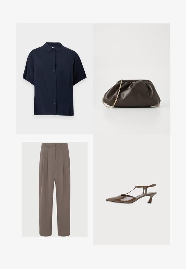 Camisa azul marino de manga corta con botones y cuello clásico, mostrada sobre un fondo blanco.; Pantalones plisados marrones de cintura alta, con un tejido elegante, diseño de pierna ancha y bolsillos laterales, que cuentan con una textura suave y ligera.; Zapato slingback de cuero marrón brillo con puntera puntiaguda, tacón bajo tipo kitten, tira en T fina y cierre de hebilla en el tobillo.; Bolso de mano de cuero marrón con un diseño fruncido, correa de cadena dorada y un acabado suave y texturizado. Forma compacta adecuada para uso nocturno.