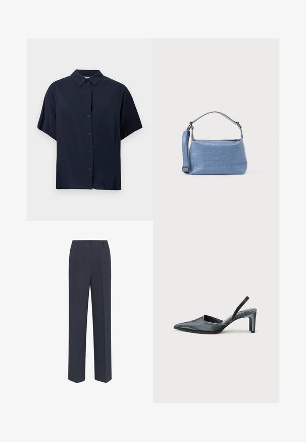 Chemise bleu marine à manches courtes avec col classique, présentée sur fond blanc.; Pantalons ajustés bleu marine avec une coupe droite, dotés d'une fermeture à bouton sur le devant et de détails de plis discrets. Texture de tissu lisse.; Escarpin noir à bride arrière avec un bout pointu, une finition satinée élégante et un talon fin de 7,5 cm. Design latéral ouvert avec des détails de couture minimalistes.; Sac à main bleu clair embossé façon crocodile avec une poignée courte et une bandoulière amovible. Texture lisse avec une fermeture éclair.
