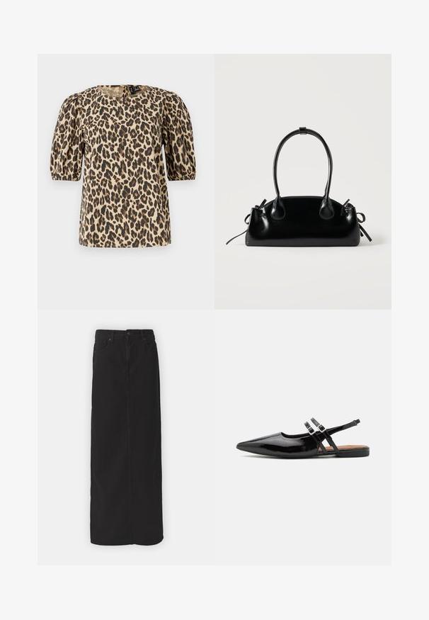Haut en imprimé léopard beige et marron, doté de manches bouffantes courtes, d'un col rond et d'une fermeture à bouton au dos. Le tissu a une texture lisse.; Jupe maxi en denim noir avec une coupe droite, poches avant, passants de ceinture et fermeture à bouton unique à la taille. Texture de tissu lisse.; Des chaussures slingbacks en cuir verni noir présentent un bout pointu, deux sangles avec des accents de boucle, et une semelle plate.; Petit sac à main noir brillant avec deux longues anses et des détails à cordon sur les côtés sur un fond clair uni.