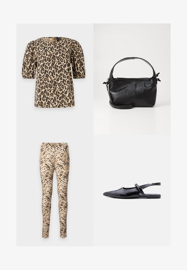 Haut en imprimé léopard beige et marron, doté de manches bouffantes courtes, d'un col rond et d'une fermeture à bouton au dos. Le tissu a une texture lisse.; Leggings imprimés serpent en beige et noir avec un design ajusté, dotés d'une texture lisse et d'une taille extensible pour plus de confort.; Chaussure plate noire à bout pointu avec bride slingback fine sur le dessus et motif en cuir texturé.; Sac à main en cuir noir au design structuré, avec une poignée arrondie et une bandoulière amovible. Présente une texture lisse et un éclat subtil.