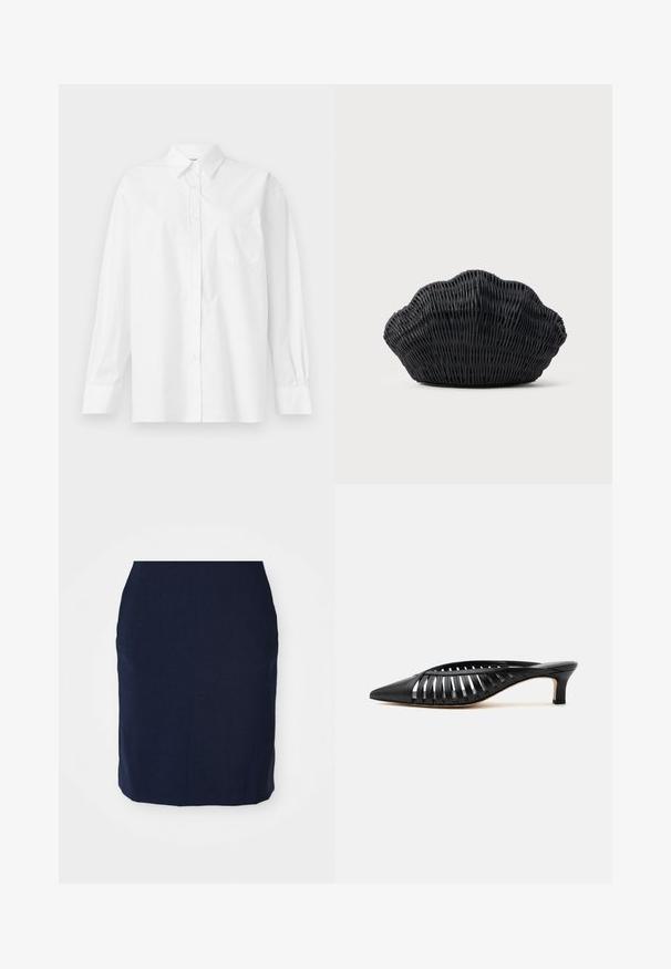 Hvid langærmet skjorte lavet af bomuld, med klassisk krave, knaplukning og en enkelt brystlomme på venstre side.; Navy blyantskørter lavet af tekstureret stof, knælang, med en tætsiddende design og uden synlige lukninger eller udsmykninger.; Sort læder mule med spids snude, stropdetalje og lav kittenhælk på hvid baggrund.; Sort flet håndtaske formet som en muslingeskal med en buet top og flettet tekstur på en ensfarvet baggrund.