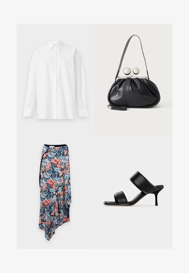 Hvid langærmet skjorte lavet af bomuld, med klassisk krave, knaplukning og en enkelt brystlomme på venstre side.; Rabanne Pencil skirt - english tapestry/pink/blue/green; Sort læder mule sandal med to brede remme og en slank mellemhøj stiletthæl på en ensartet lys baggrund.; Sort læderhåndtaske med opsamlet design, en enkelt rem, sølv metalramme og to store runde sølv lukninger.