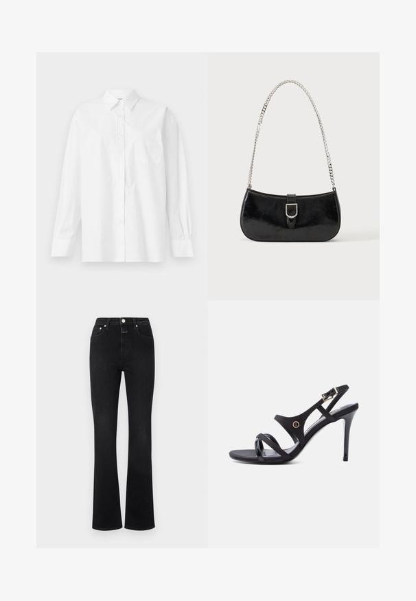 Witte langslavige shirt gemaakt van katoen, met een klassieke kraag, knoopsluiting en een enkele borstzak aan de linkerkant.; Zwarte flared jeans van denim, met een hoge taille, vijf zakken, goudkleurige hardware en een gladde textuur.; Zwarte sandaal met hoge hakken, dunne bandjes, een enkelgesp en een slanke naaldhak op een witte achtergrond.; Zwarte lakleren schoudertas met een zilveren gespdetail en een zilveren kettingriem, getoond tegen een effen lichte achtergrond.