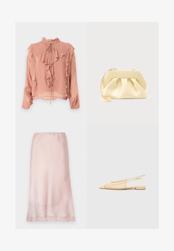 Rosa bluse med lange ærmer, høj hals med flæser, lagdelte flæsedetaljer foran og på ærmerne samt bindebånd ved halsen.; Lyserød satin midi-nederdel med elastisk talje og lagdelt kantdetalje, præsenteret på en ensfarvet hvid baggrund.; Slingback fladsko i lys beige med en mesh-overdel, spids tå og en lav hæl. Har en justerbar strop for bedre pasform.; Clutch-taske i cremefarvet læder med en struktureret topramme og håndledsrem, vist mod en enkel lys baggrund.