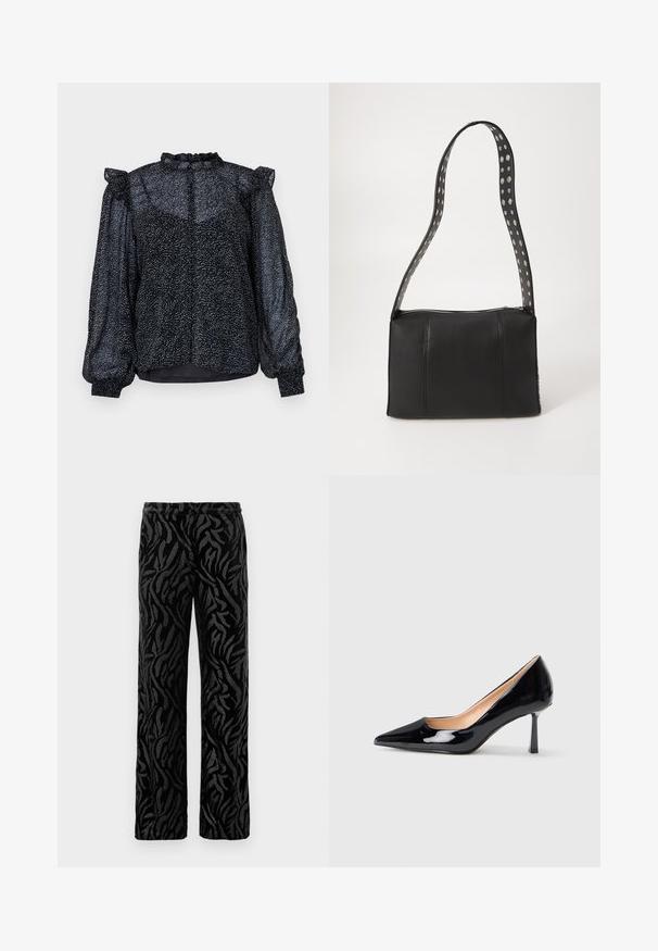 Blusa negra con un patrón moteado, material transparente, mangas abullonadas y un escote con volantes que cuenta con un cierre de botón en la parte posterior.; Pantalones negros con un patrón texturizado y en espiral. Fabricados con un material suave, tienen un corte de pierna recta y una cinturilla elástica para mayor comodidad.; Zapato de charol negro de punta con tacón stiletto delgado y de altura media sobre fondo blanco.; Bolso de cuero negro con forma rectangular, que cuenta con un cierre de cremallera y una correa con lunares. Textura suave, con detalles de costura mínimos.
