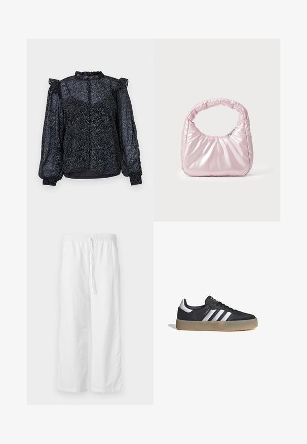 Blusa negra con un patrón moteado, material transparente, mangas abullonadas y un escote con volantes que cuenta con un cierre de botón en la parte posterior.; Pantalones anchos de textura blanca con cintura elástica y cordón ajustable. Diseño simple y minimalista, sin adornos.; Zapatilla deportiva de cuero negro con tres rayas plateadas, punta texturizada y suela de goma. Cuenta con un collar acolchado y un diseño con cordones.; Bolso de mano acolchado en color rosa con un diseño redondeado, fabricado en material brillante. Presenta un asa fruncida y un cierre de cremallera para un acceso seguro.