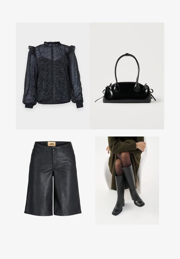 Blusa negra con un patrón moteado, material transparente, mangas abullonadas y un escote con volantes que cuenta con un cierre de botón en la parte posterior.; Pantalones cortos hasta la rodilla de cuero sintético negro con botón frontal, trabillas para cinturón y etiqueta JJXX en la cintura interior.; Botas de cuero negro hasta la rodilla con puntera cuadrada y tacón de bloque, presentadas con un modelo sentado en un abrigo verde oliva. Textura suave, mínimo detalle.; Pequeño bolso negro brillante con dos asas largas y detalles de cordón lateral sobre un fondo claro liso.