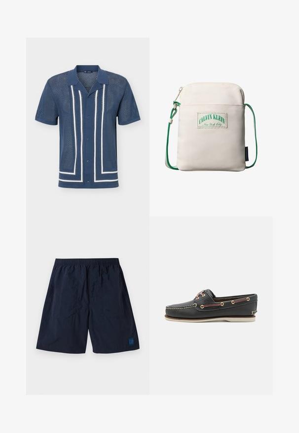 Chemise bleu marine à manches courtes avec boutons, en tissu mesh, rayures blanches verticales et horizontales, et col pointu.; Shorts bleu marine en matériau léger avec une taille élastique et un petit logo carré GAP en bas à droite.; Bateau en cuir noir avec un bout arrondi, semelle en caoutchouc blanche, œillets dorés et lacets maroon contrastants. Comprend des détails cousus.; Petit sac bandoulière beige avec une sangle réglable en corde verte, une poche zippée à l'avant et un écusson logo Calvin Klein New York City.